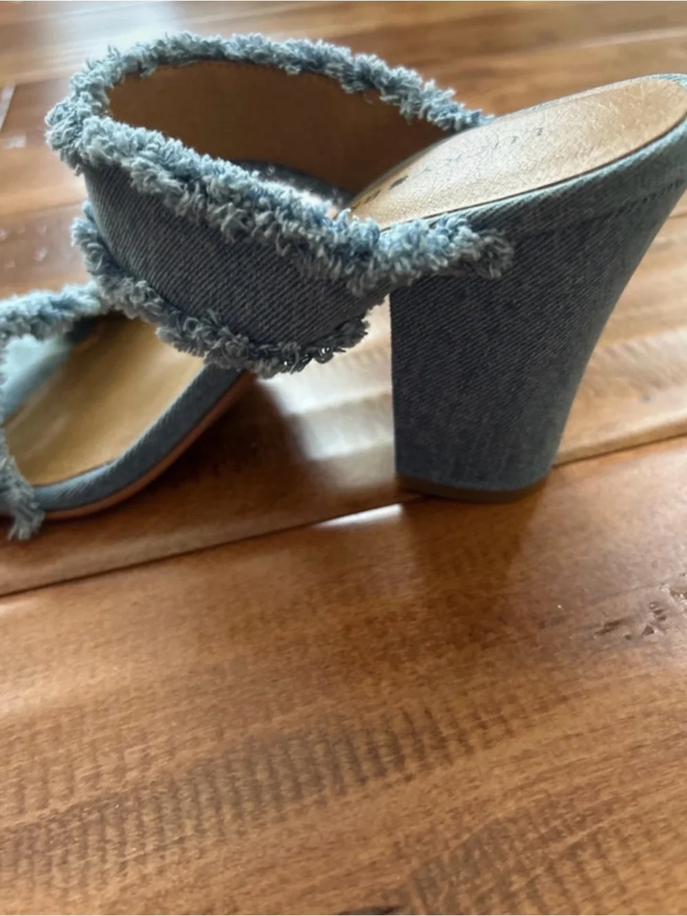 Lucky Brand Light Blue Denim Frayed Strap Heeled Sandals